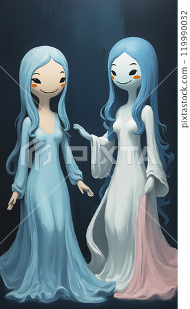 Two ethereal characters with blue hair dressed in flowing gowns standing together in a mystical setting, showcasing friendship and connection 119990032