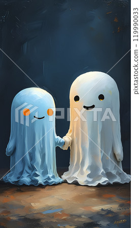 Two cheerful ghost characters hold hands in a dark, whimsical setting, celebrating friendship and fun in a playful atmosphere 119990033