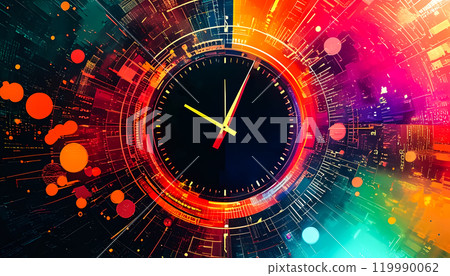 A vibrant digital clock design surrounded by colorful abstract elements representing technology and time 119990062