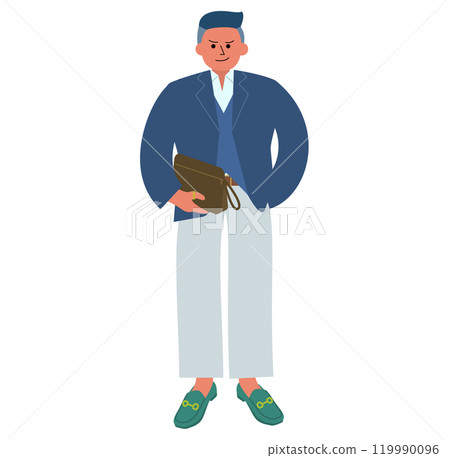 Full-body illustration of an intimidating man in formal attire with a two-block haircut and carrying a handbag 119990096
