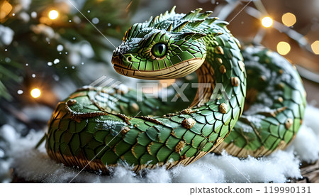 A beautifully crafted green dragon figurine resting on snow with festive lights in the background during winter 119990131