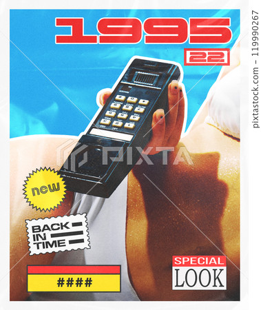 Creative design. Bold, vintage-inspired poster with classic 90s cell phone, 1995 label and neon colors. 119990267