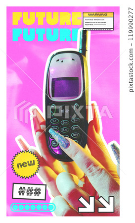 Creative design. Playful, retro-inspired poster with classic 90s cellphone against pink background. Bright and bold colors, pop culture. 119990277