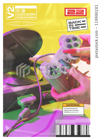 Creative design. 90s-inspired poster with close-up of hand holding classic gaming controller in front of vintage console. Neon pink and yellow accents Creative design. 90s-inspired poster with close-up of hand holding classic gaming controller in front of vintage console. Neon pink and yellow accents 119990281