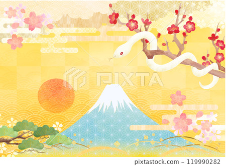 New Year's card background vector material of Mt. Fuji and a white snake on a Japanese-style background 119990282