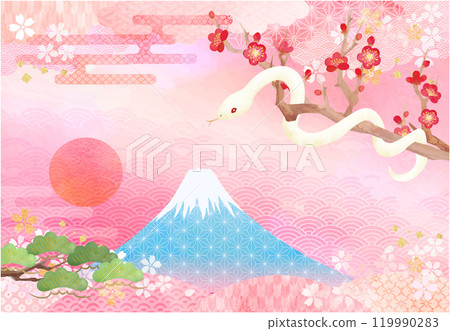 New Year's card background vector material of Mt. Fuji and a white snake on a Japanese-style background 119990283