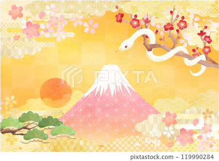 New Year's card background vector material of Mt. Fuji and a white snake on a Japanese-style background 119990284