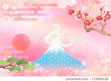 New Year's card background vector material of Mt. Fuji and a white snake on a Japanese-style background 119990288