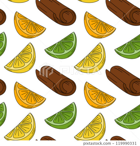 Lemon and lime slices, Cinnamon stick Citrus fruit Pop Art Seamless Pattern. Background texture idea Lemon and lime slices, Cinnamon stick Citrus fruit Pop Art Seamless Pattern. Background texture idea 119990331