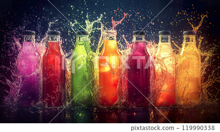 Colorful beverage bottles splashing in vibrant liquid, creating lively scene. 119990338