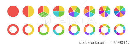 Circular chart with segments. Wheel division into fractions, shape sectors. Vector infographic 119990342