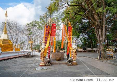 Tung Tree point area in Wat Phra That Doi Tung, a famous Traditional Buddhism place in Chiang Rai Province, North of Thailand. 119990406