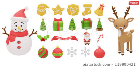 3D vector Christmas elements for design. Set include Santa Claus, deer, snowman, decorated Christmas tree, gift box, gingerbread cookies. 3D plastic cartoon style. Isolated on a white background 119990421