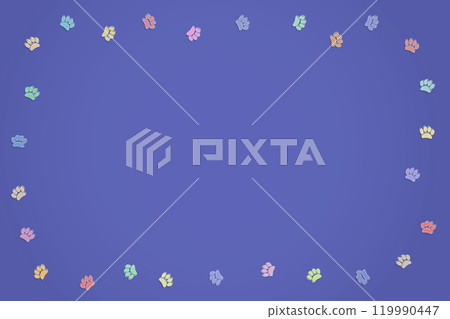 A frame of small, colorful fluorescent paw prints on a navy blue background A frame of small, colorful fluorescent paw prints on a navy blue background 119990447