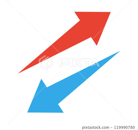 Illustration of red and blue left and right arrows seen from the front Illustration of red and blue left and right arrows seen from the front 119990780
