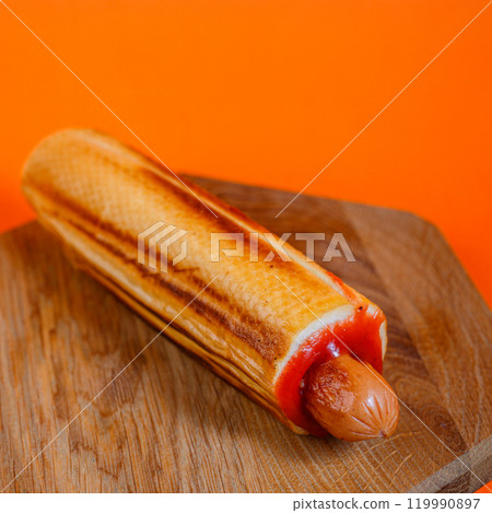 Grilled hot dog wrapped in toasted bread with ketchup on a wooden surface against an orange background. Studio food photography. Fast food and snack concept. Design for poster, banner, menu, wallpaper 119990897