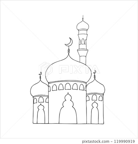 Vector Islamic minaret. Graphic illustration mosque, tower isolated on white background. Muslim hand drawn line sketch, holiday Ramadan Kareem or Eid Al Adha 2025. For designers, prints, postcards 119990919