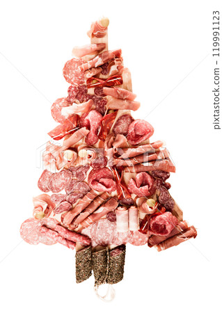 Christmas tree made of sausage on a background of a wooden wall 119991123