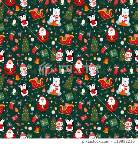 New Year, Christmas, holidays, Santa Claus, Snowman, Penguin, Christmas tree, seamless pattern New Year, Christmas, holidays, Santa Claus, Snowman, Penguin, Christmas tree, seamless pattern 119991236