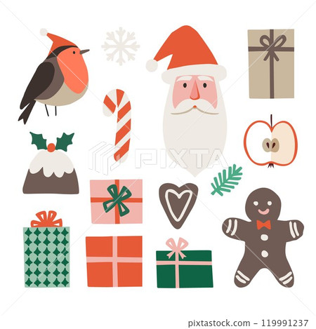 Set of hand drawn retro Christmas illustrations. Finch bird, Santa, gift boxes. Gingerbread cookies, pudding with holly berries, Christmas tree branch. Winter holidays vector icons, white background 119991237