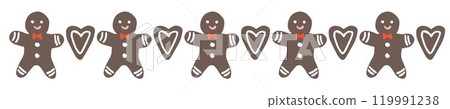 Gingerbread Cookies Garland Decor. Christmas decorative banner. Gingerbread man, hearts with sugar frosting isolated on white background. Festive winter banner. Season bunting vector illustration Gingerbread Cookies Garland Decor. Christmas decorative banner. Gingerbread man, hearts with sugar frosting isolated on white background. Festive winter banner. Season bunting vector illustration 119991238