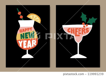 Happy New Year greeting card, invitations. Cocktail drinks glasses with lettering text isolated on black background. Birthday party celebration retro mid century design. Hand drawn vector illustration Happy New Year greeting card, invitations. Cocktail drinks glasses with lettering text isolated on black background. Birthday party celebration retro mid century design. Hand drawn vector illustration 119991239