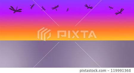 蜻蜓在夢幻的夕陽天空中跳舞的風景圖 119991368