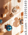 Festive Christmas and New Year composition with glittering blue shiny baubles. High quality photo with space for text 119991449
