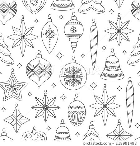 Seamless pattern with Christmas tree decorations of different shapes. Outline vintage holiday ornaments on white background. Contour xmas toys 119991498