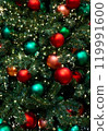 Vertical background of red, green, orange balls toys and lights green indoor Christmas tree New Year 119991600