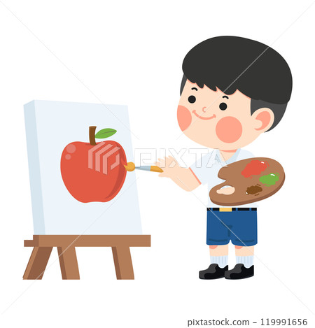 Kid boy painting a picture on easel 119991656