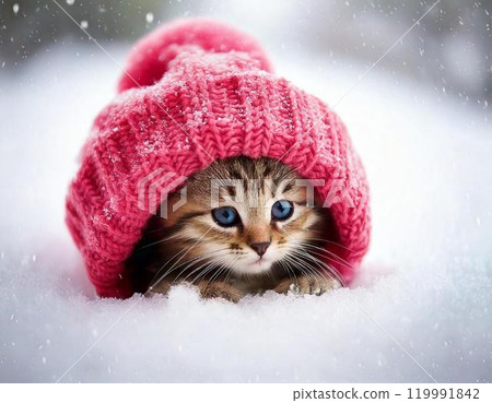 Kitten in a woolen hat - Snow scene 119991842