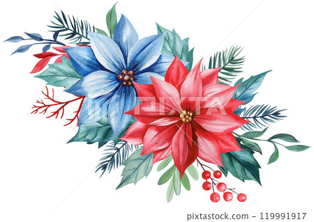Christmas watercolor poinsettia floral composition with holly berries, leaves and evergreen branches isolated on white Christmas watercolor poinsettia floral composition with holly berries, leaves and evergreen branches isolated on white 119991917