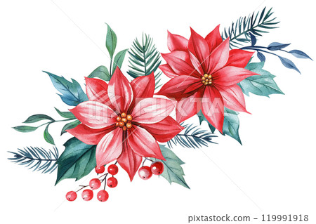Hand-painted poinsettia floral bouquet with holly leaves, berries, pine needle for holiday decor. Watercolor arrangement Hand-painted poinsettia floral bouquet with holly leaves, berries, pine needle for holiday decor. Watercolor arrangement 119991918