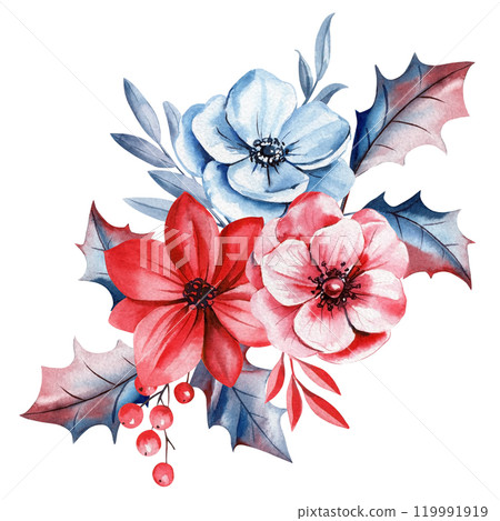 Christmas watercolor poinsettia. Floral arrangement with holly berries and evergreen branches, Isolated for design card Christmas watercolor poinsettia. Floral arrangement with holly berries and evergreen branches, Isolated for design card 119991919