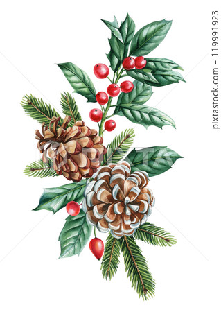 Watercolor Christmas pine cone arrangement. Natural decoration with pine cone, holly and seasonal evergreen branches 119991923