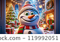 cheerful snowman with red and white scarf and hat stands in front of cozy wooden house decorated with Christmas lights. snowman is surrounded by snow and presents, 119992051