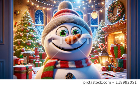 cheerful snowman with red and white scarf and hat stands in front of cozy wooden house decorated with Christmas lights. snowman is surrounded by snow and presents, cheerful snowman with red and white scarf and hat stands in front of cozy wooden house decorated with Christmas lights. snowman is surrounded by snow and presents, 119992051