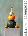 Natural still life with orange and green pumpkins, tomatoes and onions. Bright background with copy space. Thanksgiving, production for the market, harvest concept 119992059
