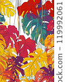Vibrant tropical leaves in bold colors. Bright colorful pattern against a light backdrop. Concept of nature's beauty. High quality illustration 119992061