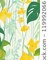 Vibrant tropical leaves in bold colors. Bright colorful pattern against a light backdrop. Concept of nature's beauty. High quality illustration 119992066