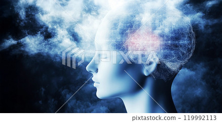 Mysteries of the Human Mind.. Visually pleasing composition of human head and fractal clouds to serve as background in works on mind dreams. 119992113