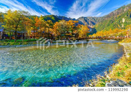 Beautiful mountain in autumn leaf and Azusa river, Kamikochi National Park ,Nagano, Japan 119992298
