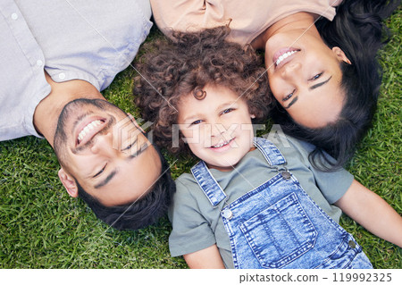 Family, smile and love outdoor in above with bonding, support and peace together on summer vacation. Happy, woman and man with boy relax on grass, care and freedom in nature sunshine for adventure Family, smile and love outdoor in above with bonding, support and peace together on summer vacation. Happy, woman and man with boy relax on grass, care and freedom in nature sunshine for adventure 119992325