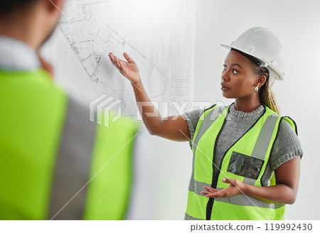 Construction meeting, model and business people in office with blueprint, solution or brainstorming. Architecture, problem solving or engineering team with floor plan, design or compliance discussion Construction meeting, model and business people in office with blueprint, solution or brainstorming. Architecture, problem solving or engineering team with floor plan, design or compliance discussion 119992430