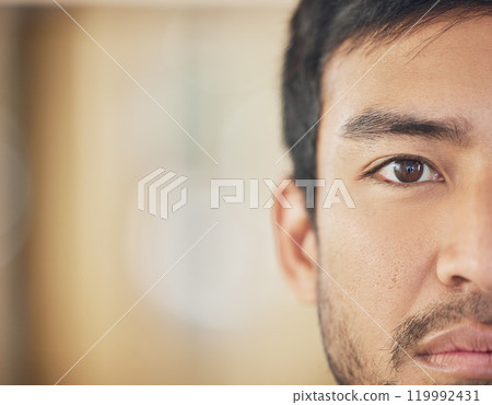 Closeup, serious and half face of man with advertising mockup, skincare and thinking for skin health. Portrait zoom, Asian guy and banner for dermatology thoughts with natural glow and beauty ideas Closeup, serious and half face of man with advertising mockup, skincare and thinking for skin health. Portrait zoom, Asian guy and banner for dermatology thoughts with natural glow and beauty ideas 119992431