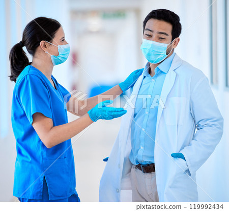 Team, doctors and clinic for planning on medicine, solidarity and communication for healthcare. Employees, face mask and collaboration for patient diagnosis or treatment, people and hospital 119992434