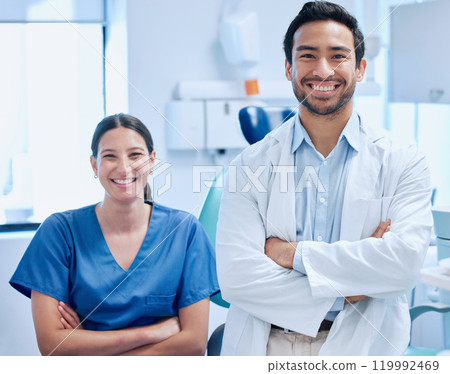 Portrait, dentist team and confident in office for orthodontics, collaboration and support. Employees, arms crossed and together for dental care or oral hygiene, healthcare and whitening service 119992469