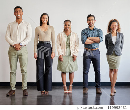 Happy, portrait and business people with confidence in waiting room for interview, career or job opoortunity. Creative group of young employees, interns and smile in row, line or startup at workplace Happy, portrait and business people with confidence in waiting room for interview, career or job opoortunity. Creative group of young employees, interns and smile in row, line or startup at workplace 119992481