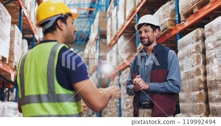Logistics, men and inspection of warehouse distribution safety, quality control or manufacturing development trade. People, speaking and teamwork at shipping site, inventory freight and cargo process 119992494